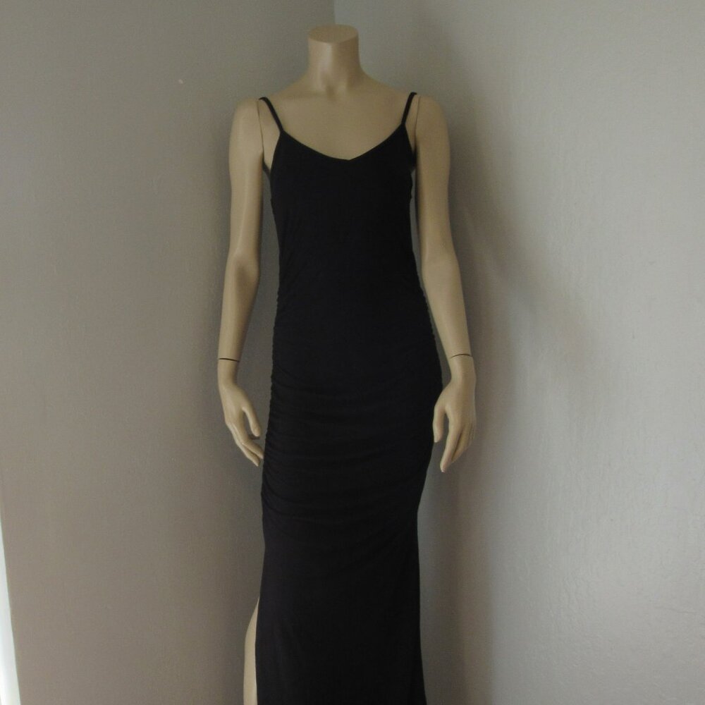 FOXBLOOD Black Spaghetti Straps Large Bodycon Ruched Side Slit Maxi Dress